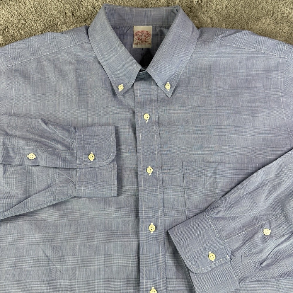 Vintage Brooks Brothers Shirt Mens 17 6 Blue Check Button Down Made Hong Kong